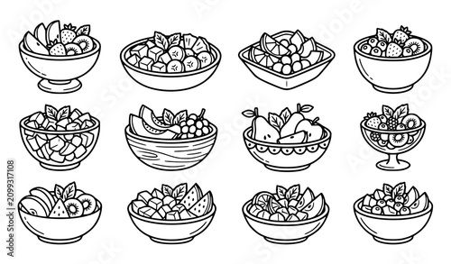 Konstfotografi Healthy salad bowl collection with fresh vegetables fruits and nutritious meal o