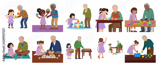 Grandfather and granddaughter spending quality time together baking cupcakes and playing with toys, flat vector illustration set