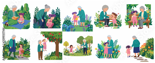 Set of vector illustrations of grandmother and granddaughter spending quality time together in a garden, gardening, reading, and walking in nature.