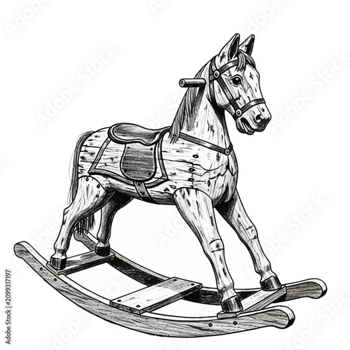 Vintage Hand Drawn Illustration of a Classic Wooden Rocking Horse Toy for Children in Sketch Style
