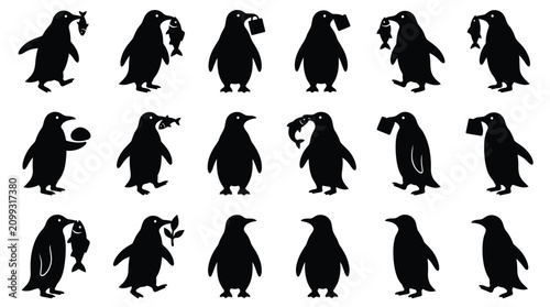 Bild auf Leinwand Set of 18 black penguin silhouettes on white background