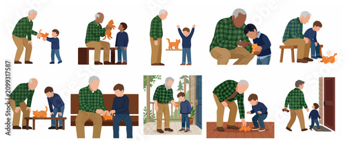 Grandfather and grandson bonding with a cute ginger kitten flat vector illustration set