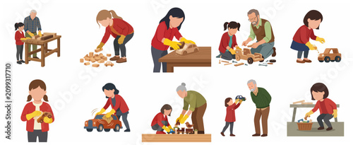 Set of illustrations featuring children and grandparents making, sanding, and assembling wooden toy cars, emphasizing family bonding and woodworking hobbies.