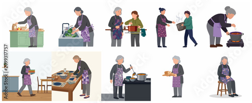 Set of flat illustrations featuring a grandmother and grandchild cooking and preparing food in the kitchen
