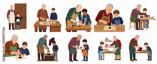 Grandfather and grandson making wax seals for letters, traditional correspondence craft, family bonding hobby, vector illustration set