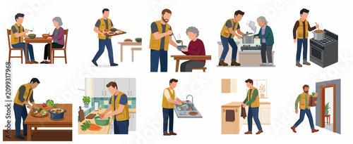 Volunteering and Social Care Set for Elderly Support with Caregiver Cooking, Serving Food, and Doing Chores