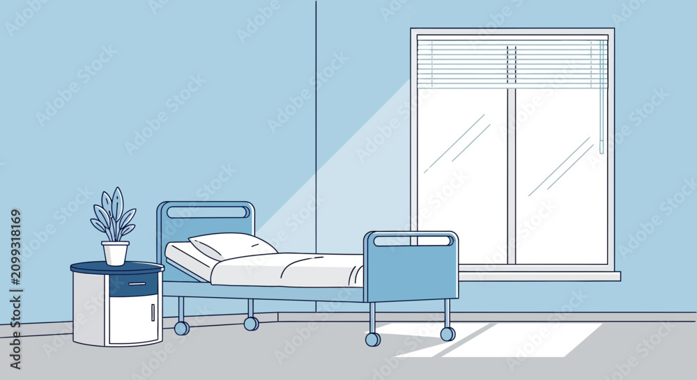 Fototapeta premium Hospital Room Interior Illustration With Bed Plant And Window Minimalistic Design