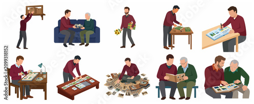 Set of men creating scrapbooks, organizing old photographs, and sharing nostalgic memories with senior family members, flat vector illustration.