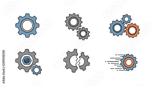 Vector icon sheet of industrial gear mechanisms in motion