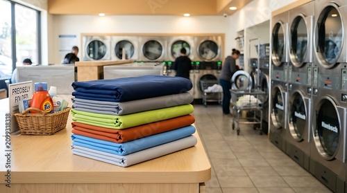 Stack of folded colorful clean laundry on a wooden table inside a bright public self service laundromat shop
