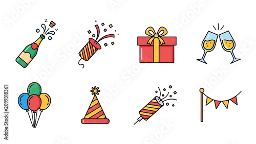 Vector Icon Sheet of Celebrations with Champagne, Gifts, and Party Decorations