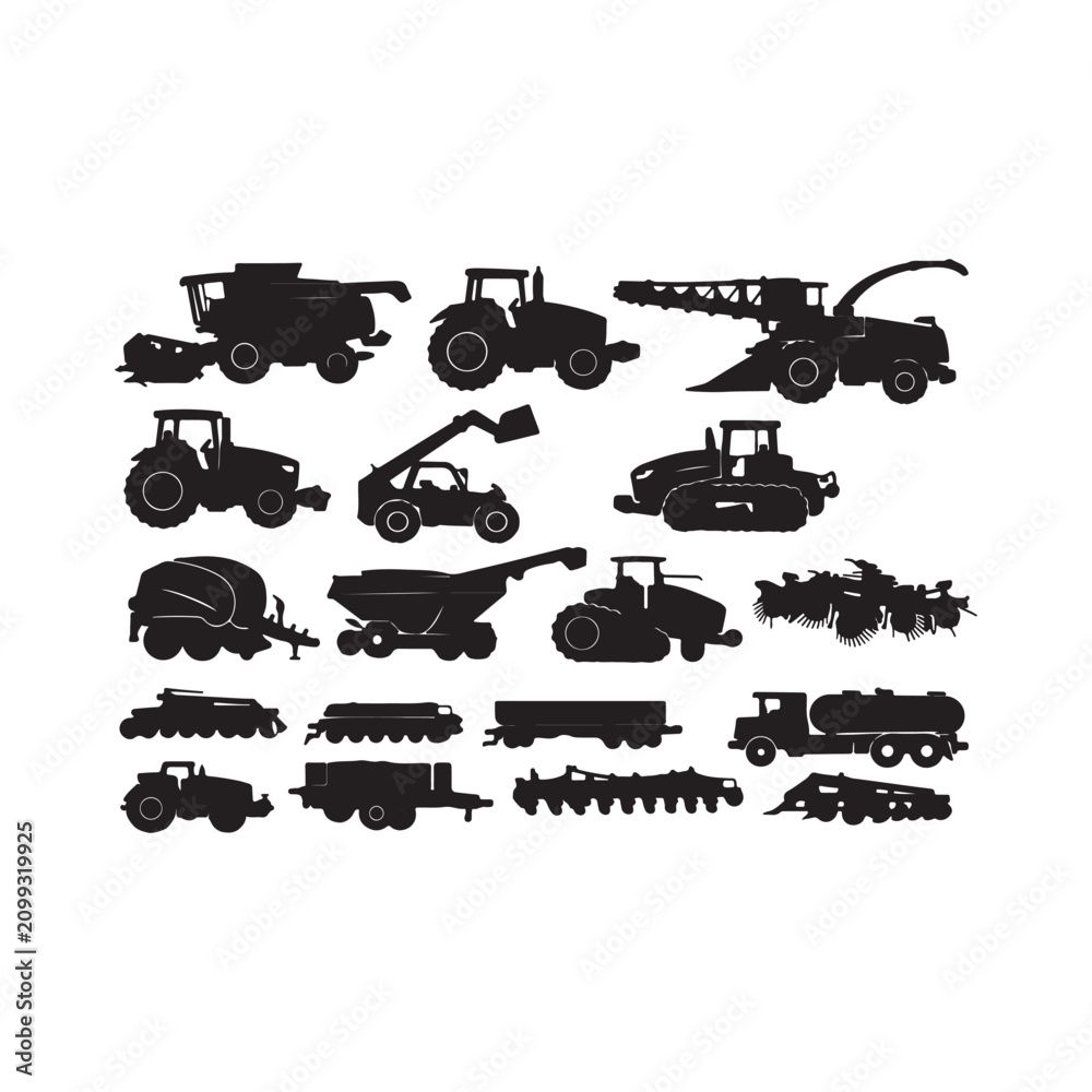 Fototapeta premium Agricultural Equipment and Farm Machinery Silhouette Vector Collection