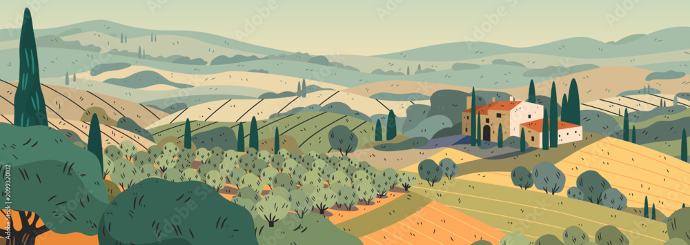 Obraz premium Tuscany Olive grove Italy rural landscape farmhouse rolling hills cypress trees scenic countryside fields panoramic banner template