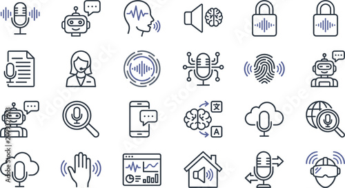 Obraz na płótnie Voice recognition and artificial intelligence audio technology line icon set fea