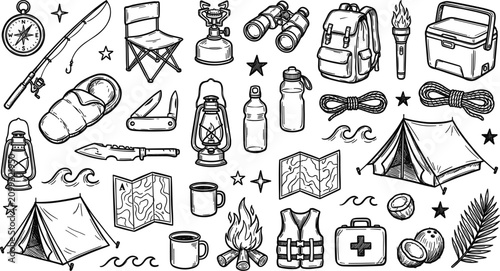 Black and white camping and outdoor adventure line art doodle set featuring tents backpacks campfires maps and survival gear
