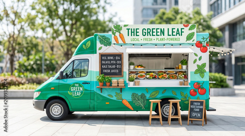 Vegetarian food truck with fresh produce and vibrant decor outdoors  