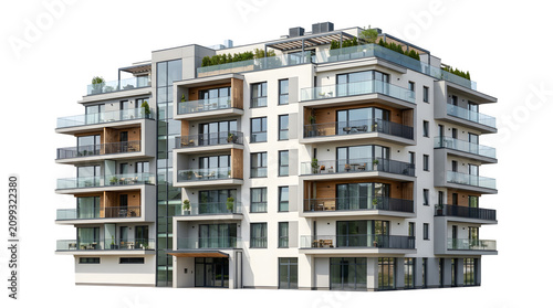 Modern apartment building exterior with balconies and rooftop garden isolated on transparent background