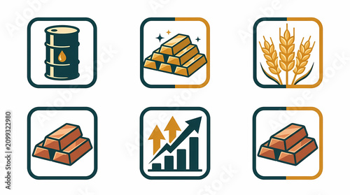 Global commodities trading icons with oil barrels and gold bars. Flat design investment symbols for finance, stocks, and economic growth.