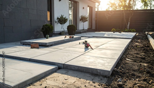 A backyard with a newly laid concrete patio and construction materials