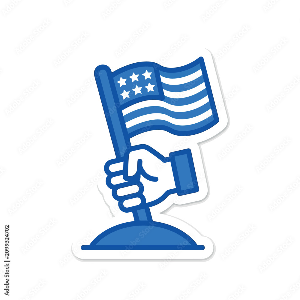 Fototapeta premium Patriotic hand holding American flag sticker for Independence Day and memorial service celebration vector icon design element
