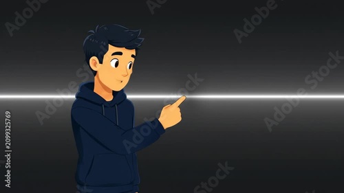 An animated young man points and expresses various emotions in a minimalistic space, evoking curiosity and engagement through gestures