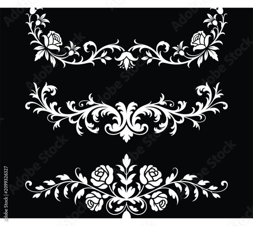 Collection of decorative floral dividers with rose bouquets on black background design.