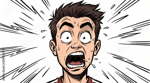 фотографія Cartoon man screaming in shock with explosive energy lines.