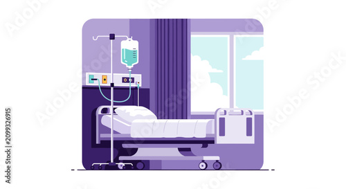 Hospital Room Interior Illustration Of Bed, Infusion, and Window, Medical Treatment