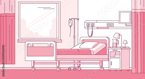 Hospital Room Interior Illustration Of Bed, Window, Pink Tones, Medical Concept Design
