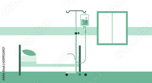 Hospital Room Interior Illustration Of Bed, IV Drip, And Window, Minimalist Design