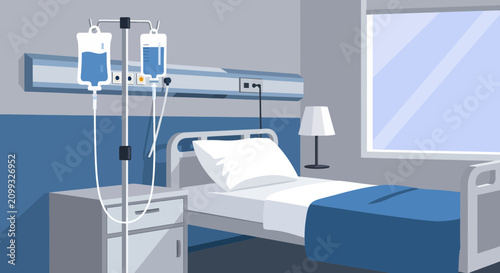 Hospital Room Interior Illustration Of Bed, IV Drip, Window, Nightstand, And Lamp
