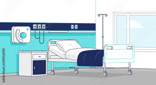 Hospital Room Interior Illustration Of Bedside Furniture, Medical Bed, And Telephone