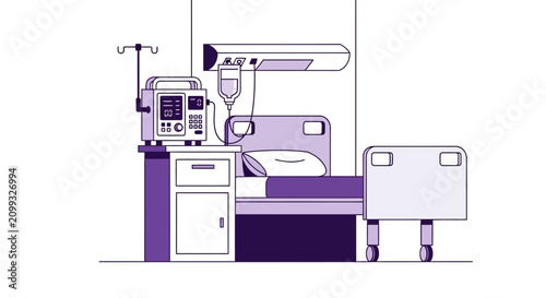 Hospital Room Interior Illustration Of Bed, Infusion Pump, And Medical Instrument