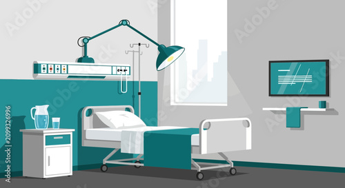 Hospital Room Interior Illustration Of Bed, Lamp, and Medical Equipment.