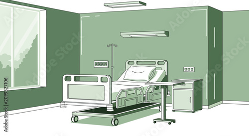 Hospital Room Interior Illustration Of Bed, Medical Equipment, and Window for Healthcare Themes