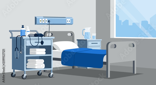Hospital Room Interior Illustration Of Bed, Medical Equipment, and Window View
