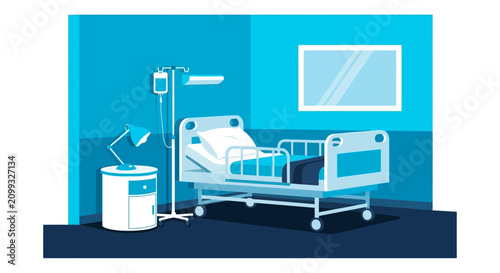 Hospital Room Interior Illustration Of Bed, Medical Equipment, and Window In Calm Tone