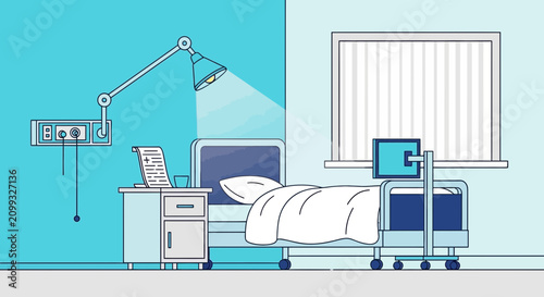 Hospital Room Interior Illustration Of Bed, Lamp, and Medical Equipment In Artistic Design