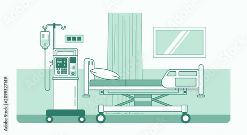 Hospital Room Interior Illustration Of Bed, Medical Equipment, Clinic Setting In Green
