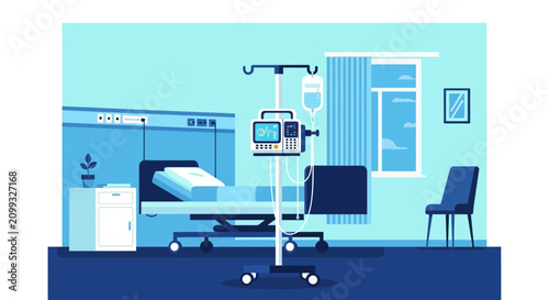 Hospital Room Interior Illustration Of Bed, Medical Equipment, Window And Blue Chair