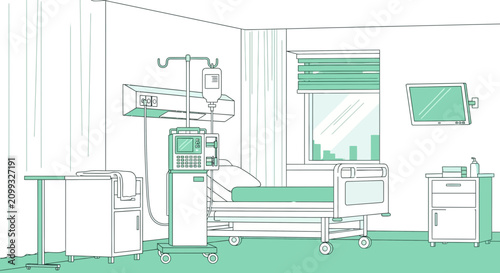 Hospital Room Interior Illustration Of Bed, Medical Equipment, Window And A Monitor