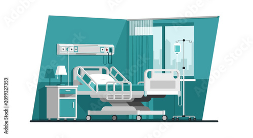 Hospital Room Interior Illustration Of Bed, Medical Equipment, and Window View
