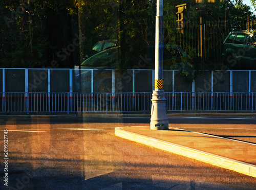 City road with post lamp abstract double exposure illustration