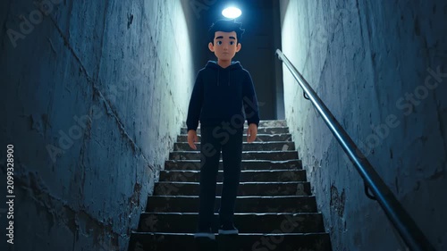 A boy walks down a dark stairwell, showing surprise and fear as he looks around in an unknown location