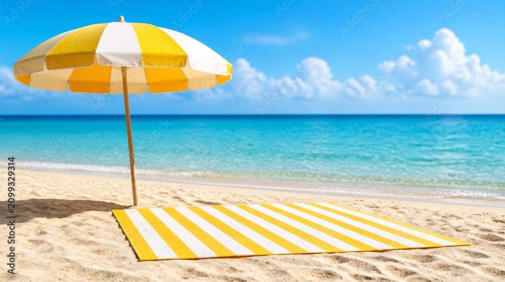 Fototapeta premium Yellow and white striped beach mat with umbrella beach on the sand.