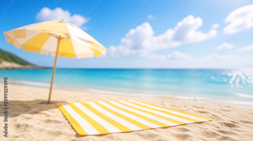 Fototapeta premium Yellow and white striped beach mat with umbrella beach on the sand.