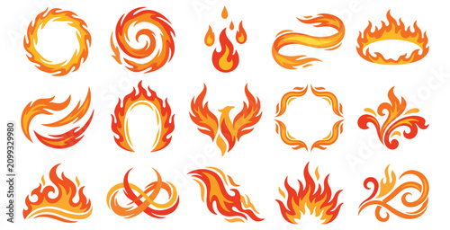 Stylized fire element collection with orange flame swirls circles and hot burning graphic symbols.