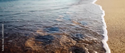 Ocean waves wash away human footprints on a sandy beach shore.