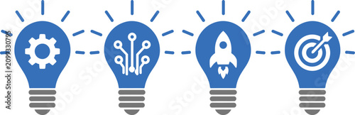 Innovation light bulb icons set, creative business strategy concept, blue lightbulb vector with gear rocket and target symbols for startup growth