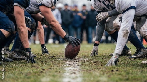 Obraz na plátně Close up of American football players lined up at scrimmage with gloved hand gri